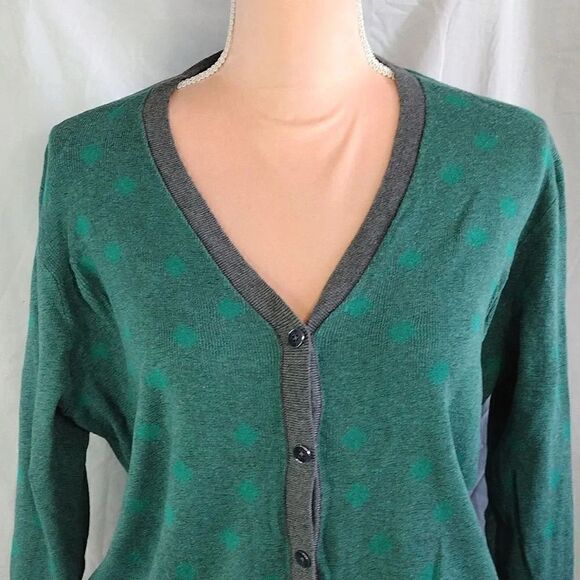 cAbi Retro Green Polka Dot Grey Trim Button Front Knit Cardigan Large - Picture 3 of 16